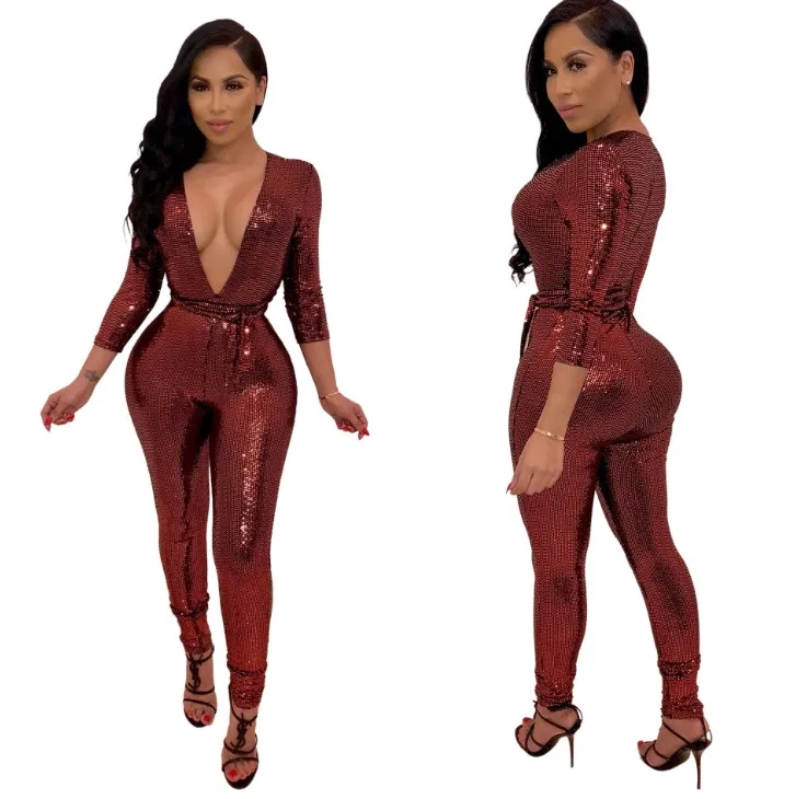 

Free Shipping Sequined Slim Sexy Suits Women Bodycon Bandage Jumpsuits Brown V-Neck Evening Club Playsuit Fashion Women Jumpsuis