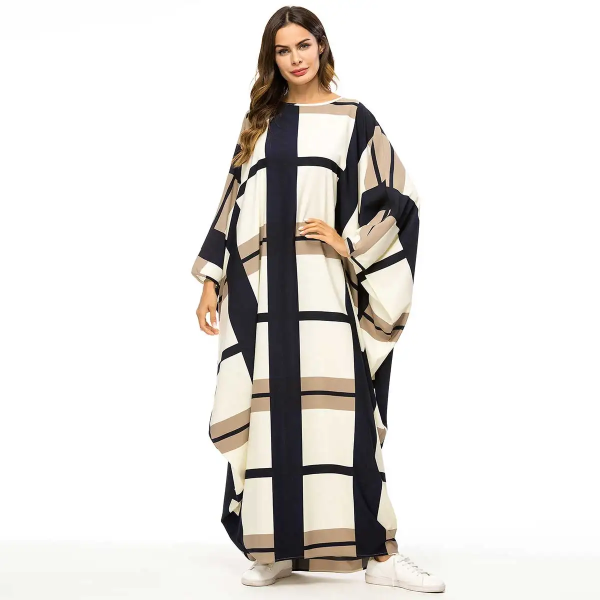 

full Bat Sleeve Dress Gowns for Women Fashion Plaid printed Muslim abaya african dashiki Robes Oversized dress kimono VKDR1457