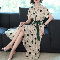 summer new women fashion printed dot long maxi dresses short sleeve office lady v neck temperament casual dress