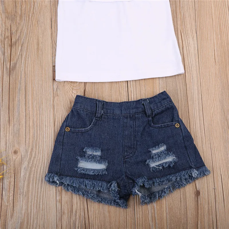 2PCs/Set Toddler Kids Baby Girls Clothing Outfits Set 3D Flower Cute Tops Shirt Denim Shorts Pants Jeans Clothes Sets | Детская одежда