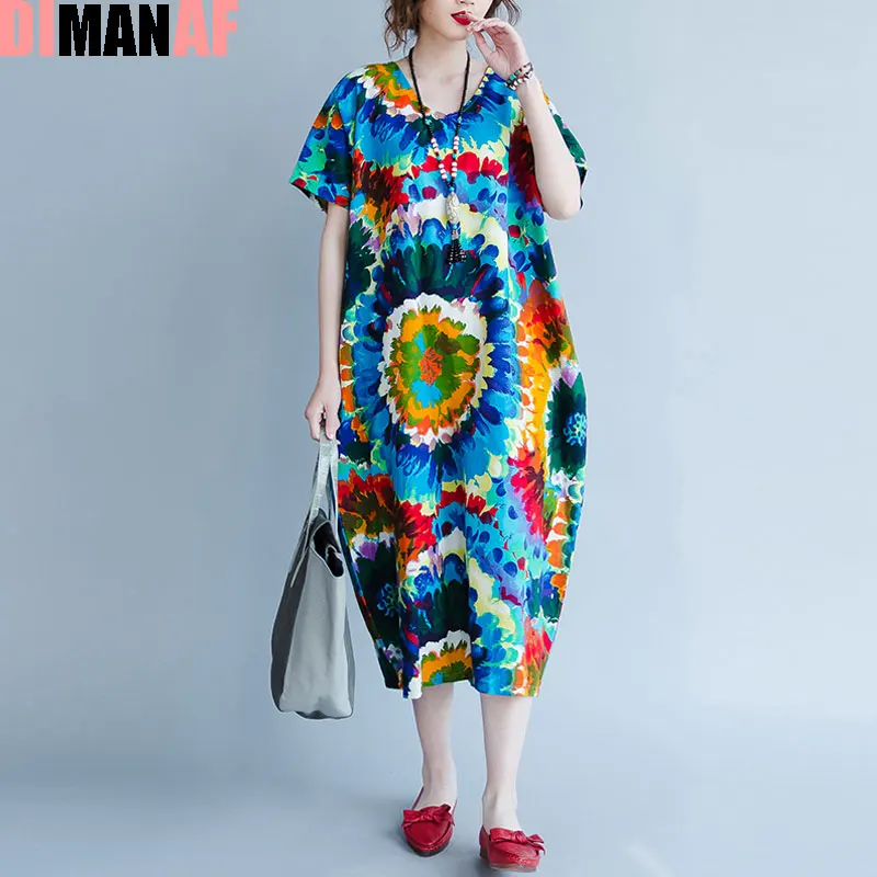 Женское льняное платье макси с цветочным принтом V образным вырезом|plus size women