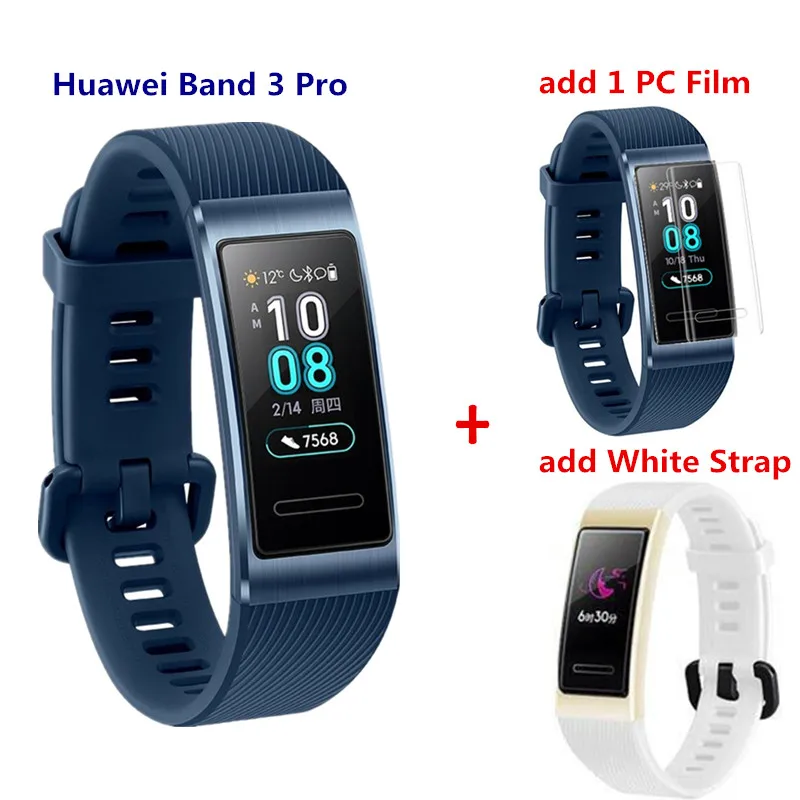 blue add white Смарт-браслет huawei Band 3 Pro с gps, металлический Amoled, Полноцветный Сенсорный экран 0,95 дюйма, датчик сердечного ритма, браслет для плавания и сна - Цвет: blue add white