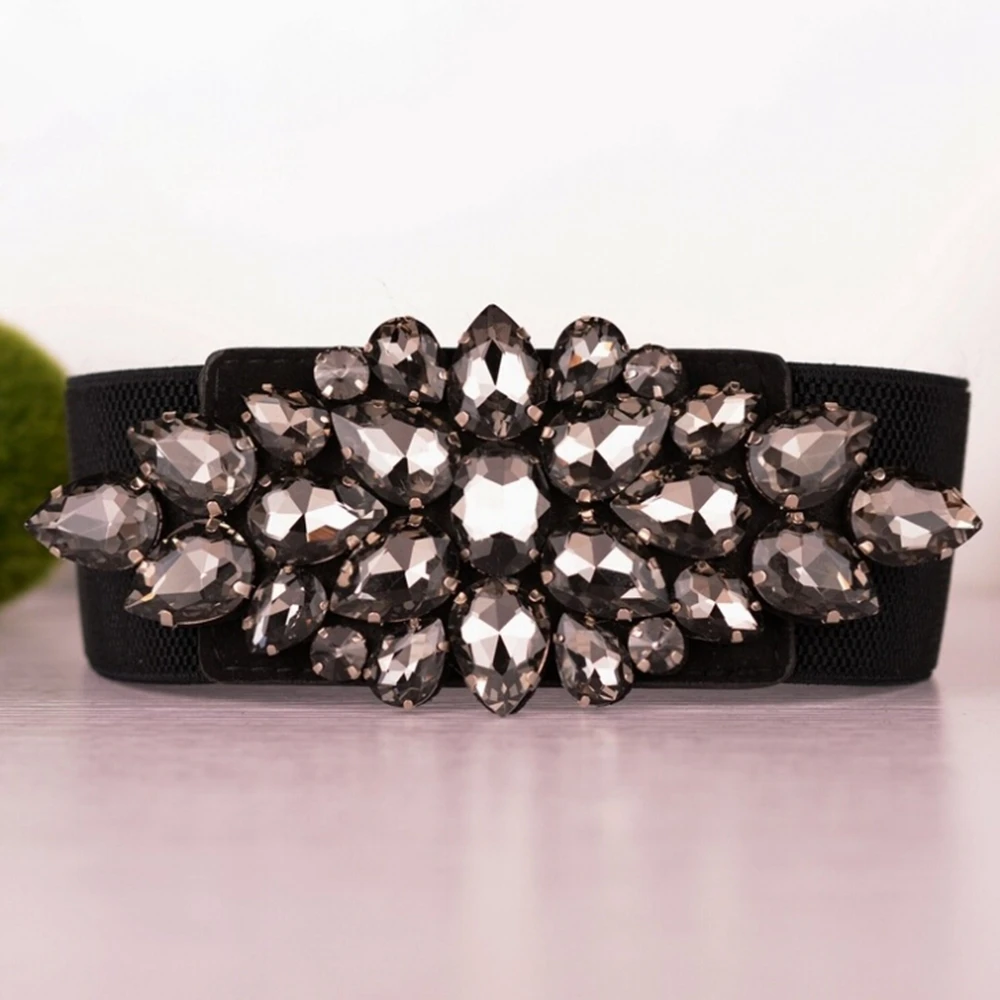 

Elegant Elastic Waist Belt for Women Black Crystal Flower Cummerbunds Stretch Waistband Cinch Strap Elastyczne pasy damskie