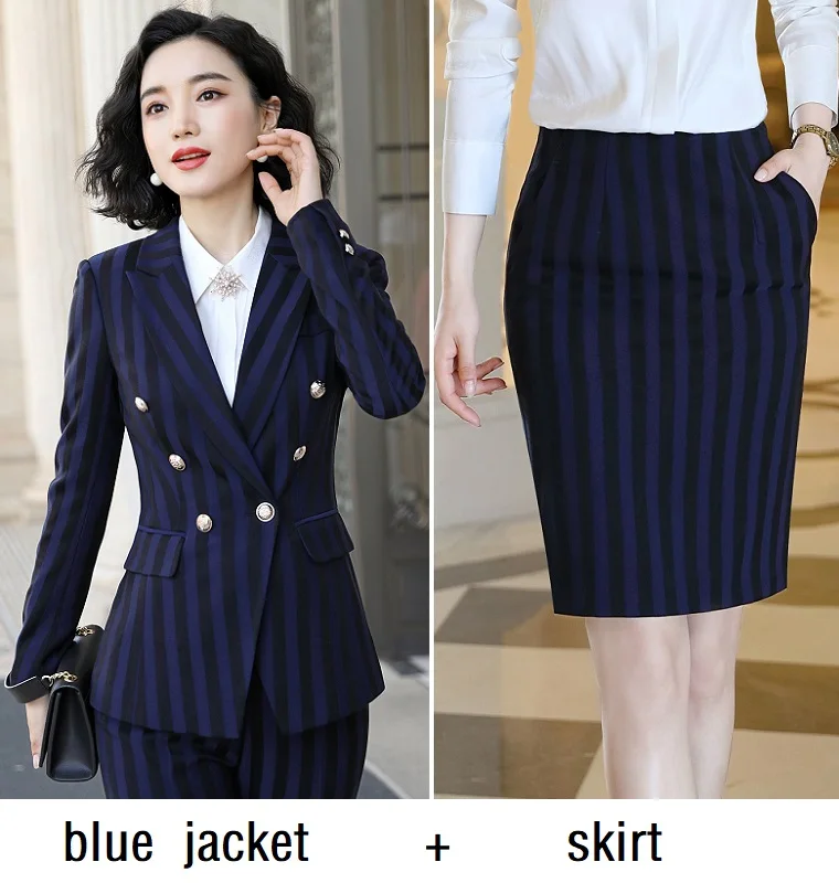 blue jacket skirt Женские костюмы, тонкие осенние полосатые куртки с длинным рукавом и штаны, комплект из 2 предметов, OL Официальные Женские Брючные костюмы, женские костюмы 9851 - Цвет: blue jacket skirt