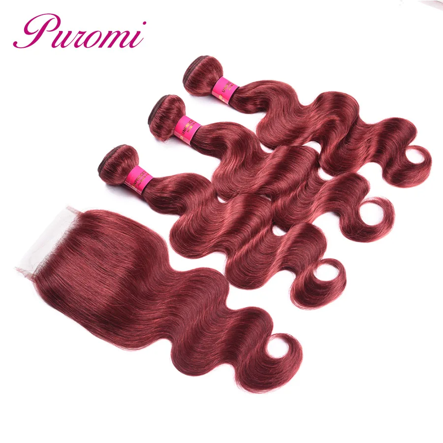 Puromi Indian Body Wave 3 Bundles with Lace Closure Pure Color #33 Non Remy 100% Human Hair Free Shipping | Шиньоны и парики