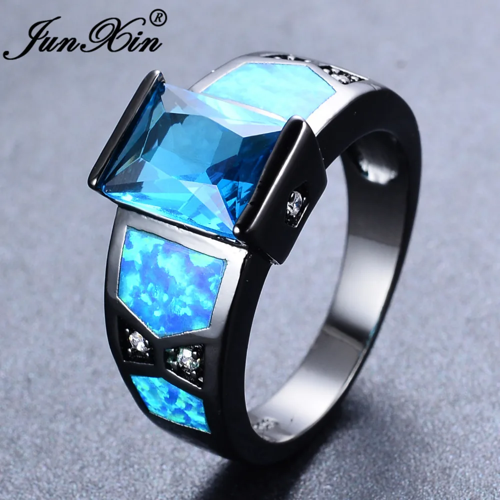 Женское и женское кольцо JUNXIN черное золотое с синим огненным опалом для