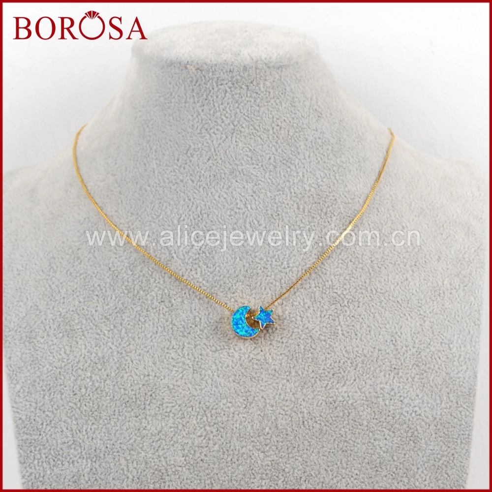 BOROSA New Arrivals! 5PCS 17inch Crescent& Star Gold Color Gems Man-made Opal Pendant Beads Necklace women Jewelry G1573