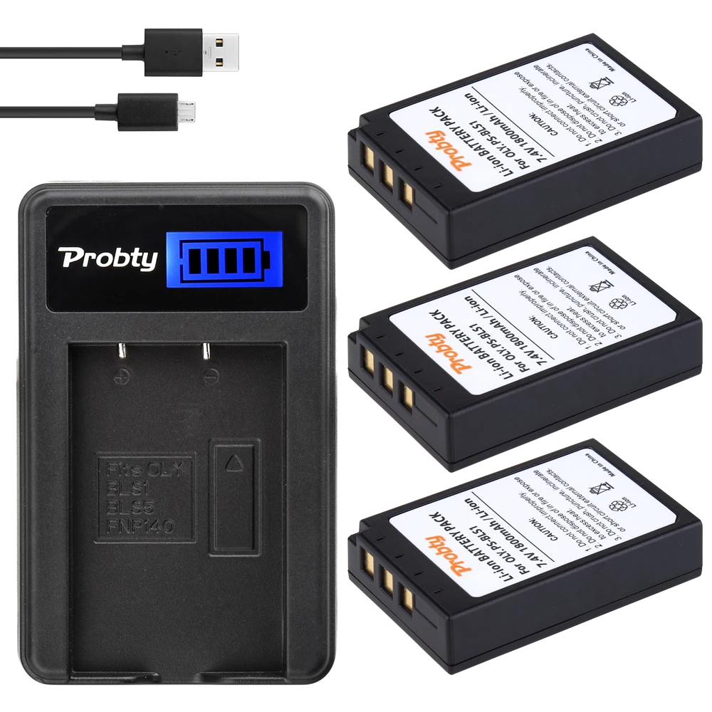 PROBTY 3Pcs PS-BLS1 PS BLS1 Battery + LCD USB Charger for Olympus PEN E-PL1 E-PM1 EP3 EPL3 Evolt E-420 E-620 E-450 E-400 E-410