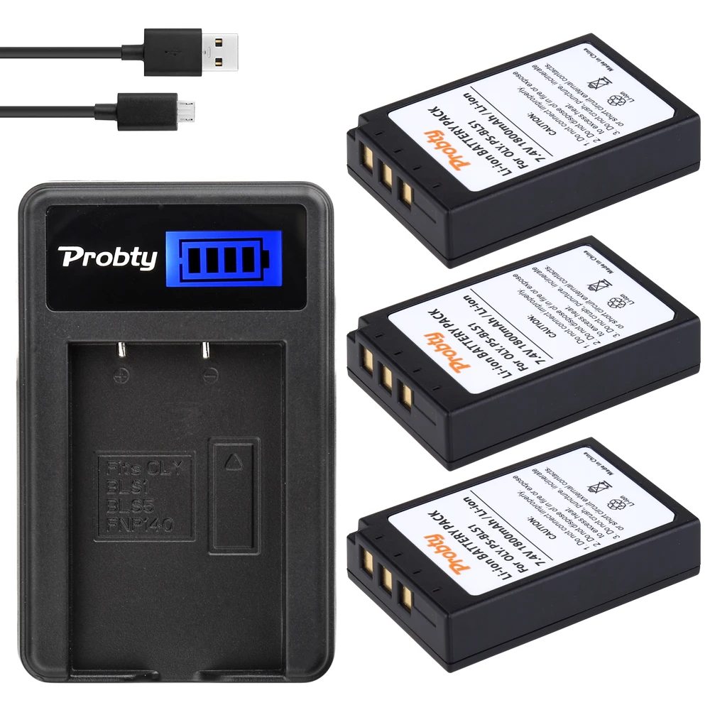

Аккумулятор PROBTY BLS1, 3 шт., PS-BLS1 шт., зарядное устройство USB с ЖК-дисплеем для Olympus PEN E-PL1, E-PM1, EP3, EPL3, Evolt E-420, E-620, E-450, E-400, E-410
