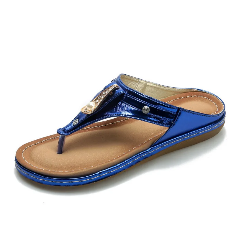 Синий YAERNIWomen/повседневная обувь на плоской подошве с украшением в виде кристаллов; Летние Нескользящие Вьетнамки; шлепанцы; женские пляжные сандалии для улицы; женские шлепанцы нового дизайна - Цвет: Синий