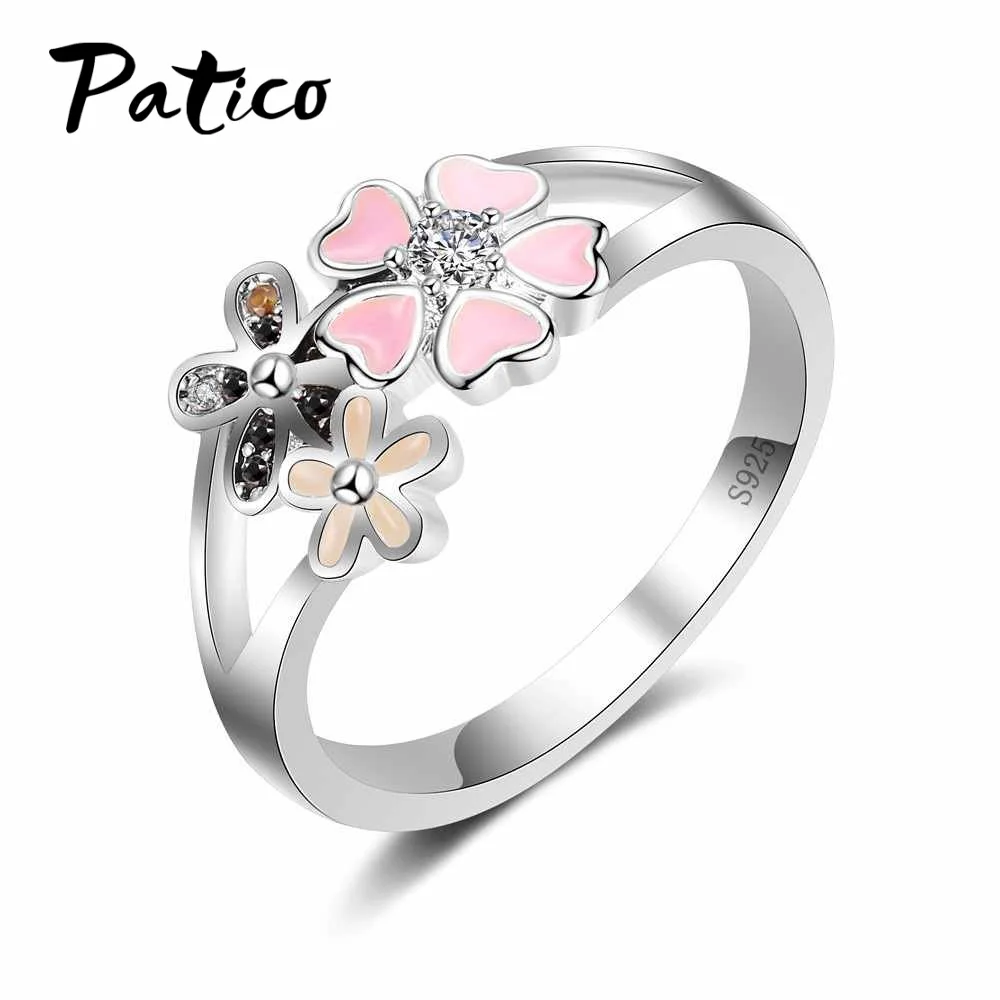 

925 Sterling Silver Pink Flower Poetic Daisy Cherry Blossom Finger Ring for Women Engagement Wedding Fashion Jewelry