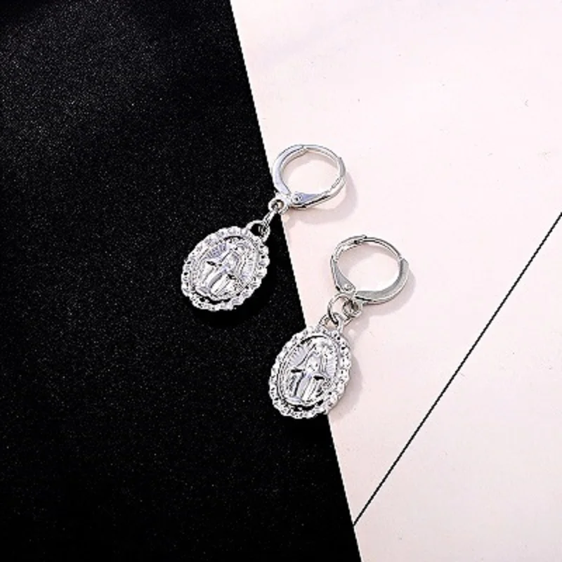 Dayoff Europe Round Gold Silver Virgin Mary Hoop Earrrings Female Vintage Earstud Women Jewelry Charms Figure Ear Ring E599