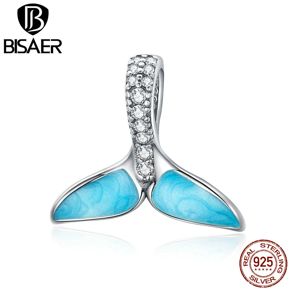 BISAER,, 925 пробы, серебро, хвост русалки, амулеты, синяя эмаль, бисер русалки, подходят для оригинальных браслетов, сделай сам, ювелирное изделие ECC1067