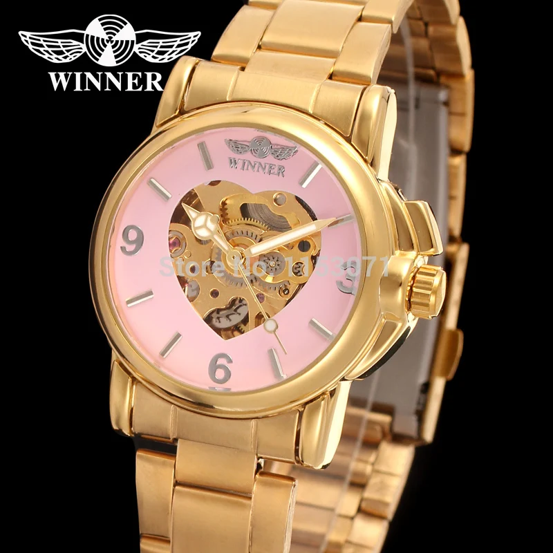 Новейшие наручные часы Winner автоматические женские золотого цвета из нержавеющей