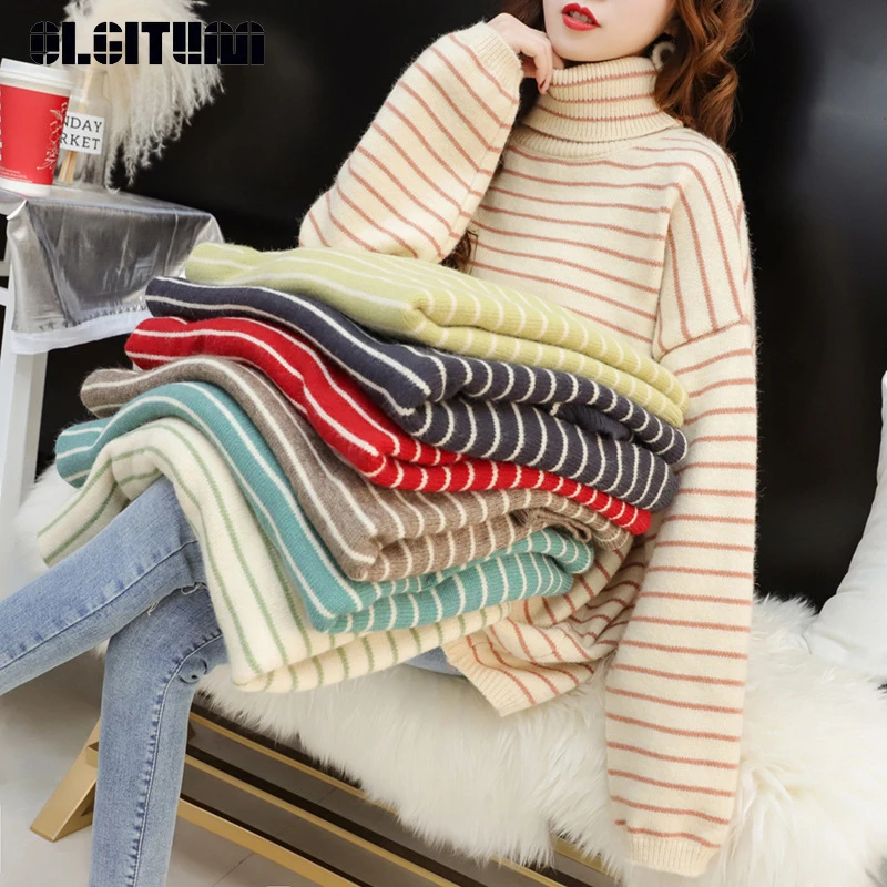 

OLGITUM New 2020 Winter and Autumn Sweet Turtleneck Sweater Female Loose Stripe Women Sweater