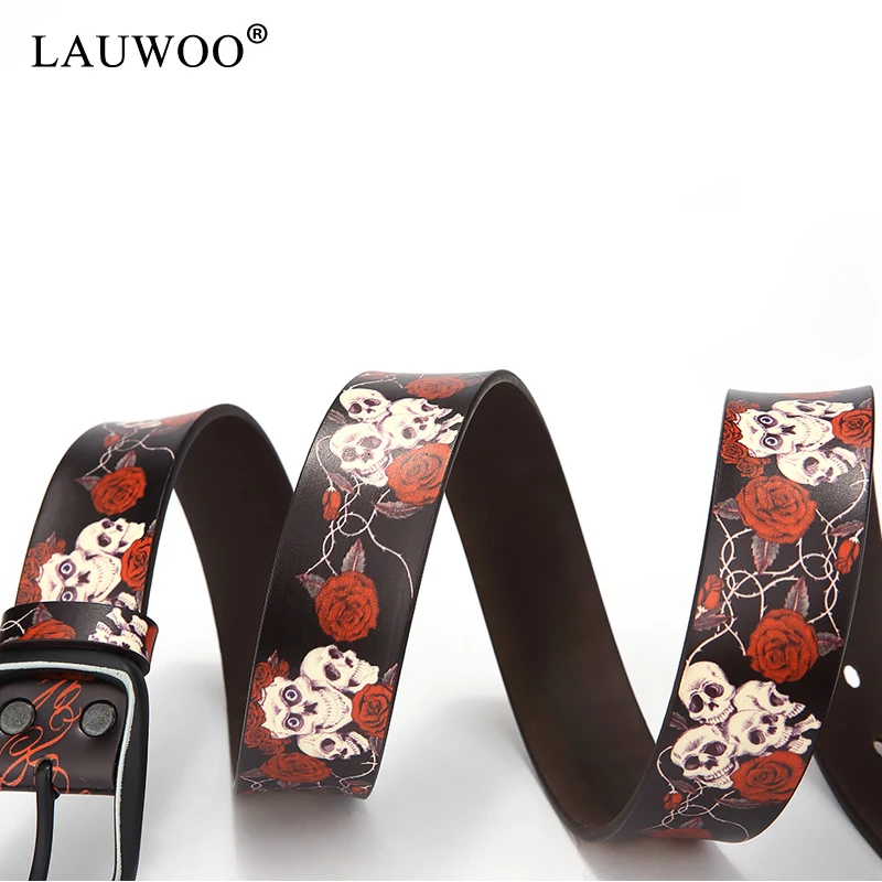 LAUWOO,, модный ремень из натуральной кожи, хип-хоп, Череп, красная роза, с принтом, ремень для женщин, мужчин, cinto de couro, ремни для джинсов