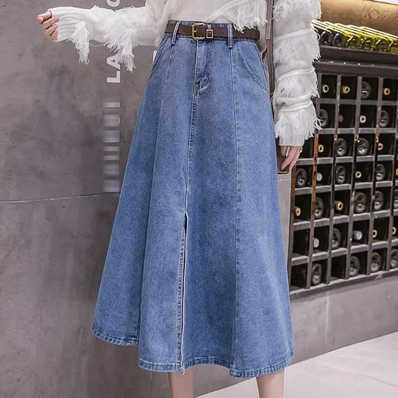 light blue Джинсовая юбка, Новое поступление, длинные юбки с карманами для женщин, высокая талия, повседневные джинсовые юбки, свободный пояс, плиссированная юбка макси для женщин - Цвет: light blue