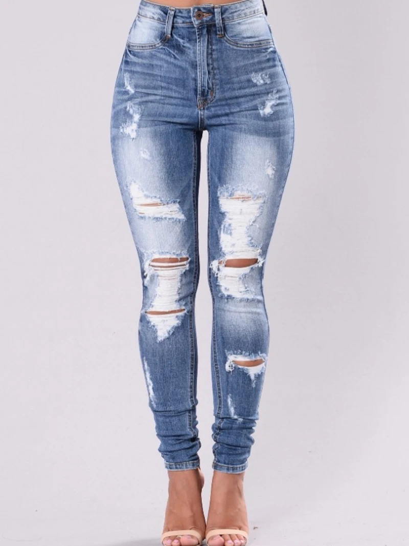 Модные узкие джинсы женские потертые Стрейчевые со средней талией рваные с