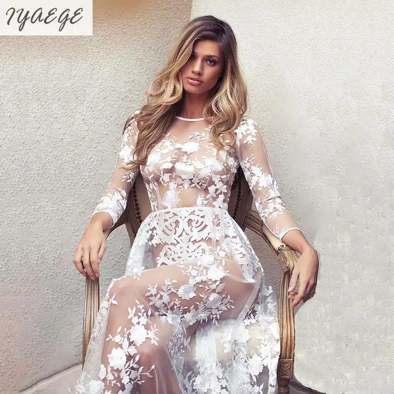 Женское кружевное платье Белое Прозрачное с цветочным принтом и О образным