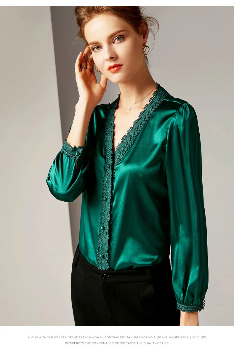 Schinteon Европейская и американская модная женская блуза из натурального шелка с v-образным вырезом и длинным рукавом, однотонные вечерние рубашки, Новинка
