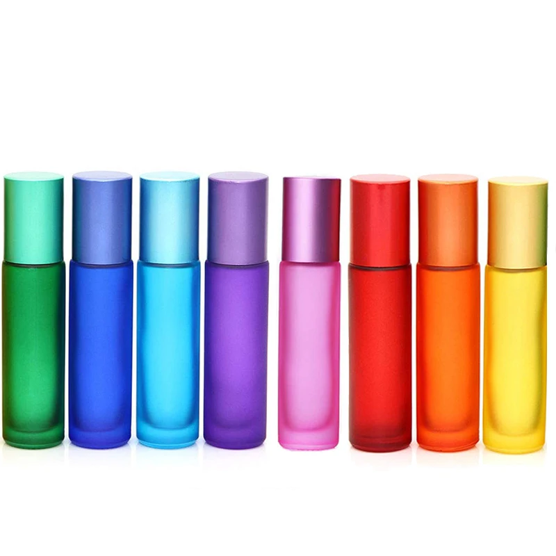 20pcs 10ml Portable Frosted Colorful Thick Glass Roller Essential Oil Perfume Vial Travel Refillable Rollerball Bottle