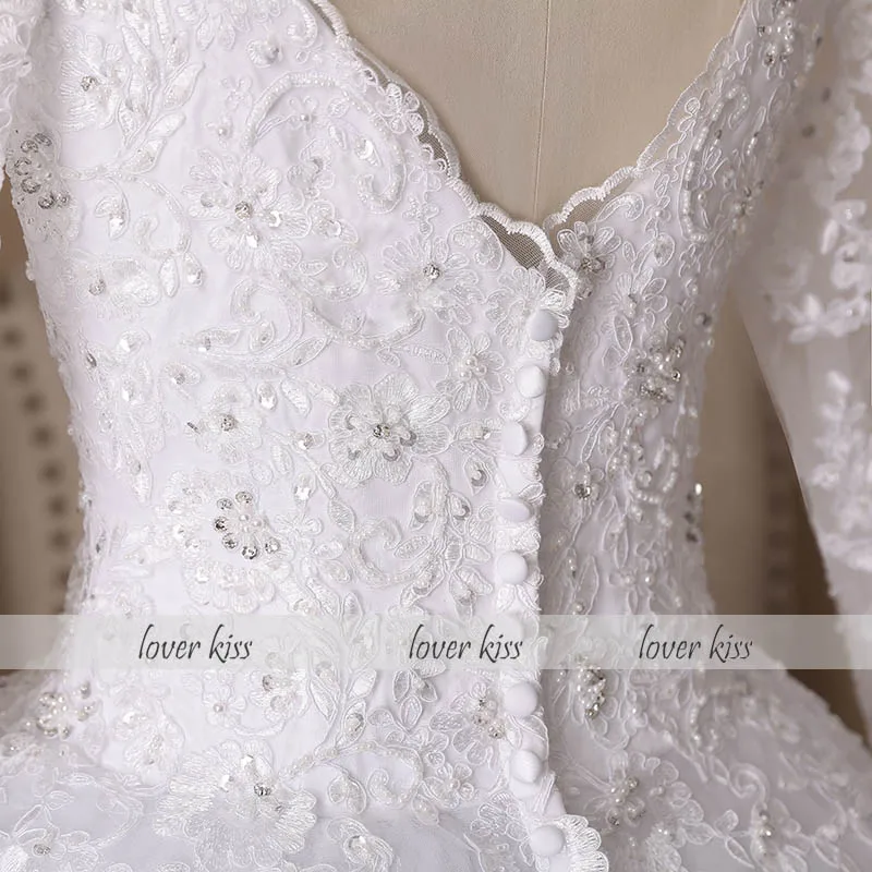 

Lover Kiss Wedding Dress 2021 Ball Gown Long Sleeve Lace Beaded V-Neck Turkey Bridal Gowns Bride Dress Vestido De Noiva