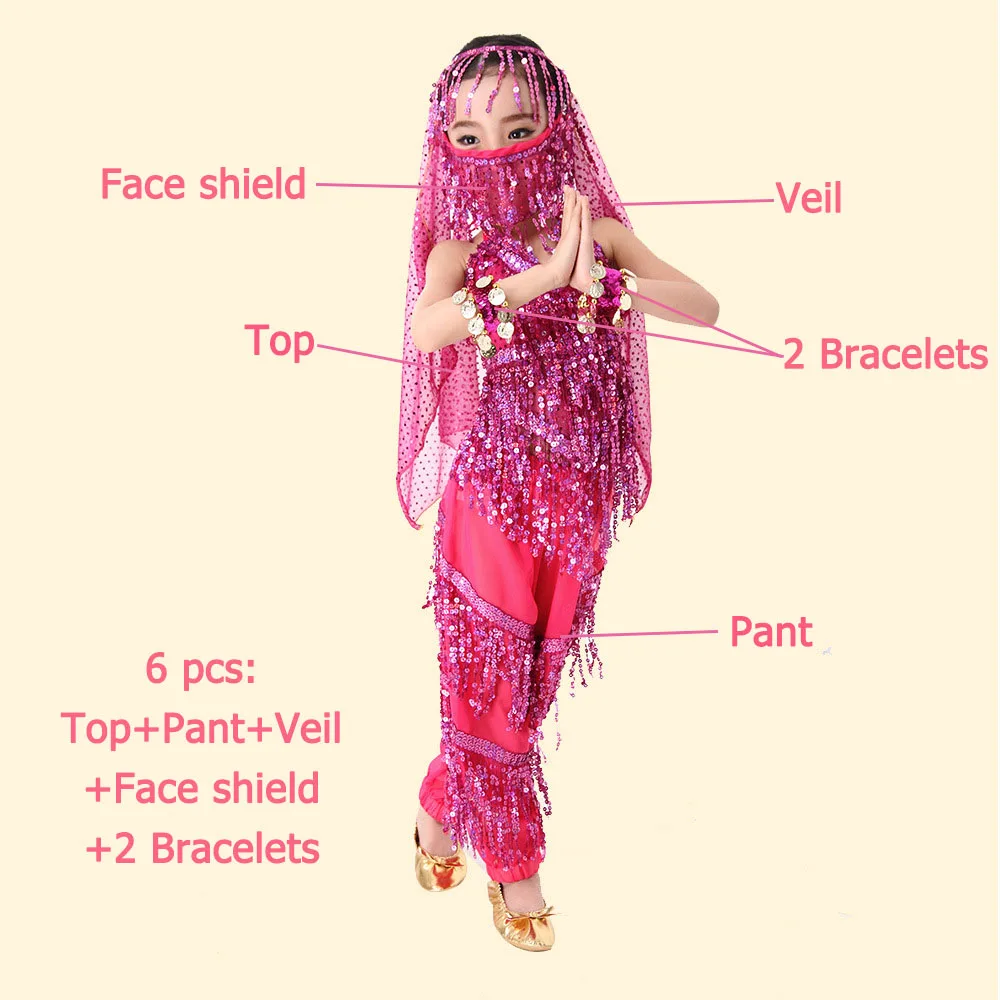 fushsia 6 pcs Детский танец живота комплект детская одежда для индийских танцев Детские костюмы танцевальный, ткань с блестками, с кисточками, сценический костюм комплект из 3 предметов, 6 шт - Цвет: fushsia 6 pcs