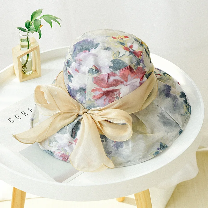Женская шляпа летняя 2019 года из ткани для дам Корейская версия большой складной солнцезащитный козырек с бантом, дышащая рыбацкая шляпа.