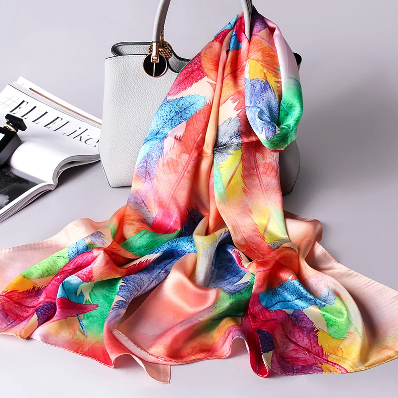 

100% Real Silk Scarf Women Hangzhou Silk Shawls and Wraps for Lady 2021 Printed Vintage Silk Neckerchief Long Pure Silk Scarves