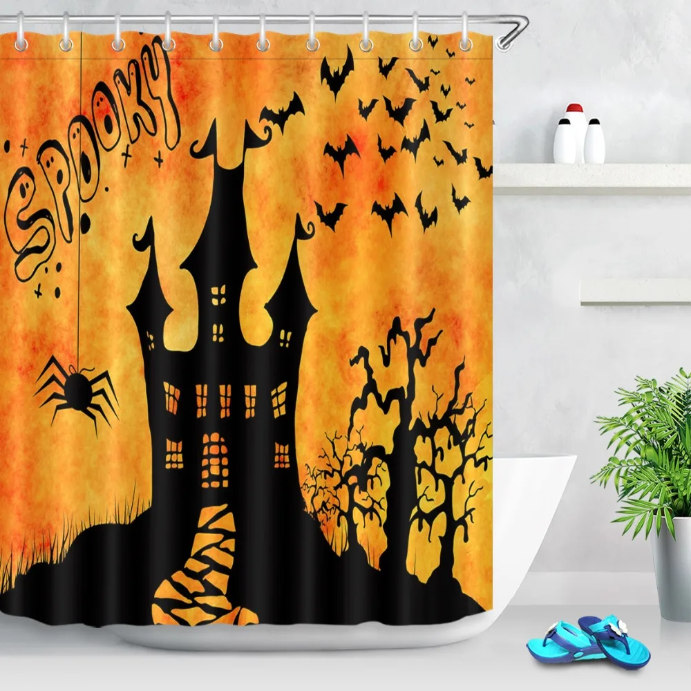 

LB 72'' Black Spider Bat Castle Dead Tree Spooky Shower Curtains Halloween Polyester Bathroom Curtain Fabric for Bathtub Decor