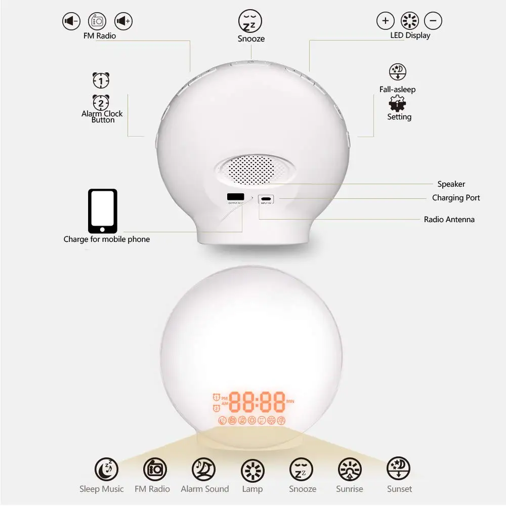 IALJ Топ Wake-Up Light, Lbell будильник 8 цветной Восход моделирование и сон помощь особенность, двойной будильник с fm-радио, 7