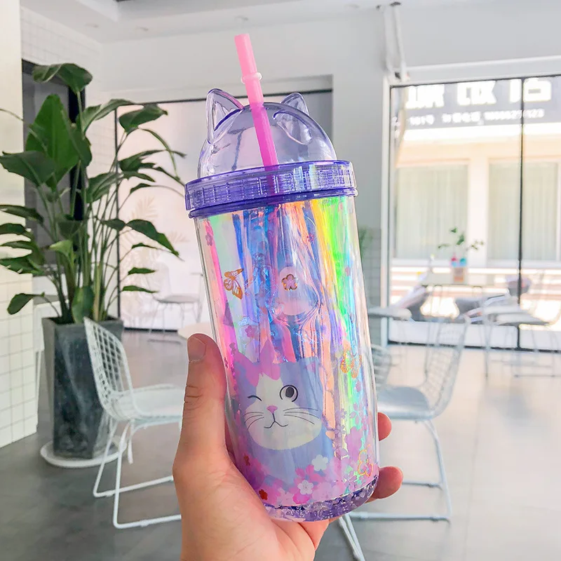 Супермилые красочные двойные питьевые чашки с кошачьими ушками и соломинкой