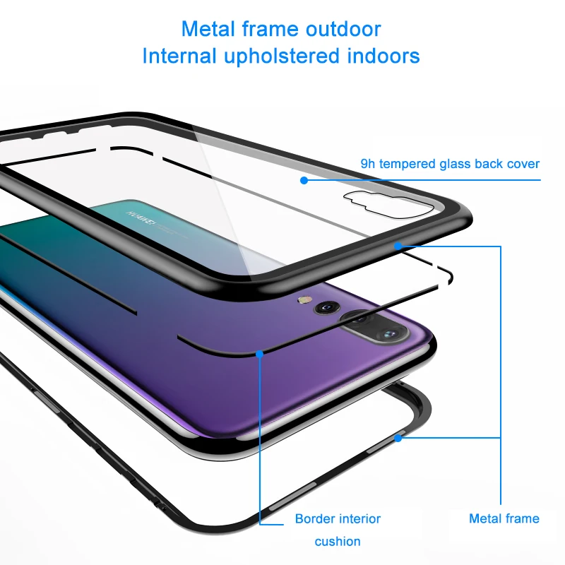 Магнитный адсорбционный чехол для телефона Huawei P20 pro из закаленного стекла с