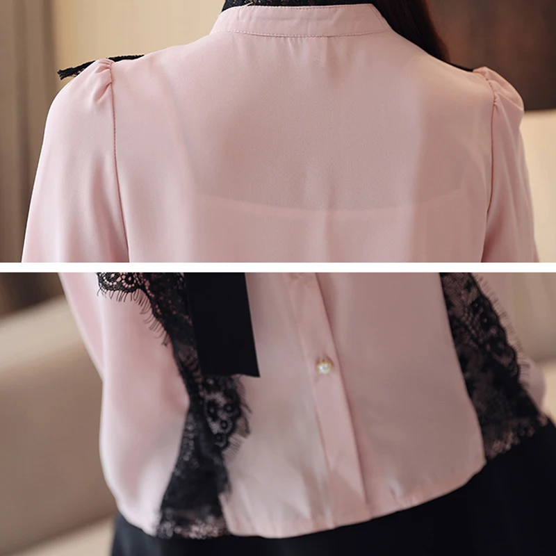 Elegant Chiffon Tops And Blouses 2018 Autumn Blouse Women Long Sleeve Stand Collar Patchwork Lace Pink Ladies With Bow Tie |
