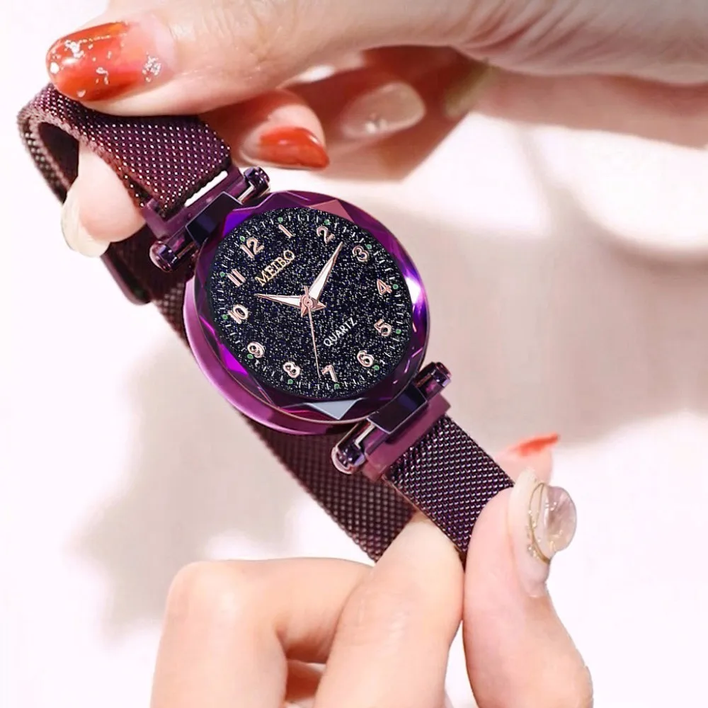 Hot Selling Women Mesh Magnet Buckle Starry Sky Luminous Watch Luxury MEIBO Ladies Stainless Steel Quartz Relogio Feminino | Наручные