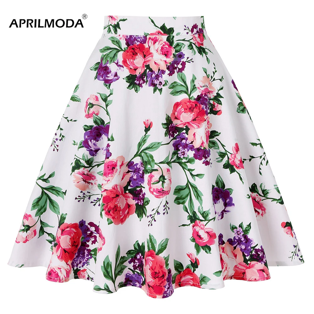 

Cotton Floral Print 60s 50s Retro Vintage Skirt Rockabilly High Waist Big Swing Pinup Skater Harajuku A Line Midi Women's Cloth