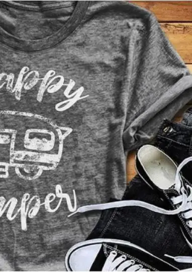 Happy Camper короткий рукав Футболка с круглым вырезом Летняя мода Повседневное 2018