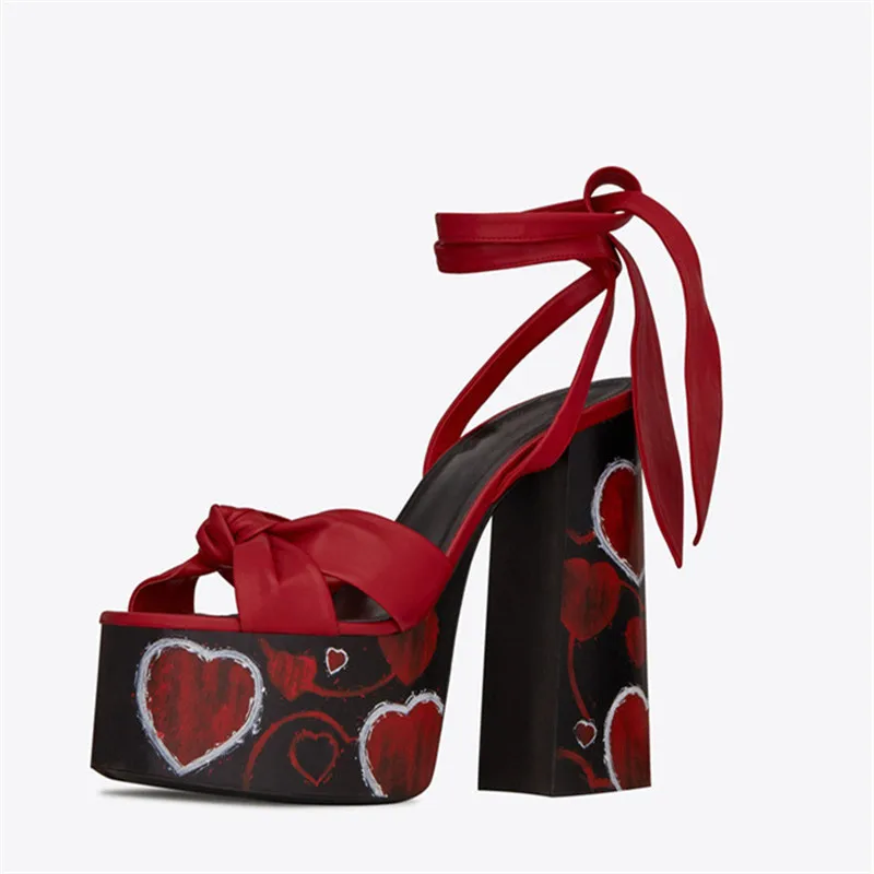 Super High Heel Ankle Strappy Platform Sandals Red Heart Embellished Summer Open Toe Gladiator Sandals Party Shoes Women