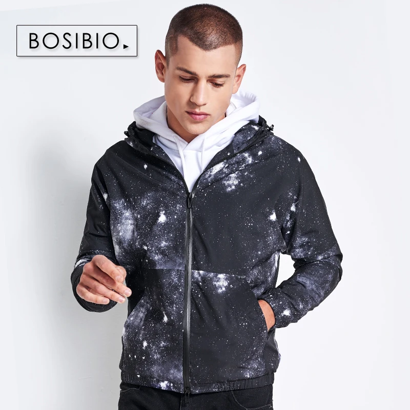 Мужская ветровка BOSIBIO на молнии с капюшоном и длинным рукавом принтом Galaxy
