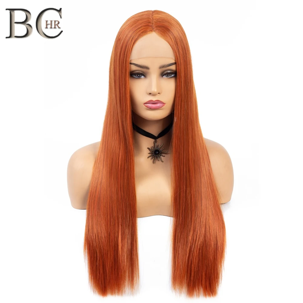 BCHR Long Orange Synthetic Lace Wig For Women Middle Part Straight Wig Handmade Lace Hair
