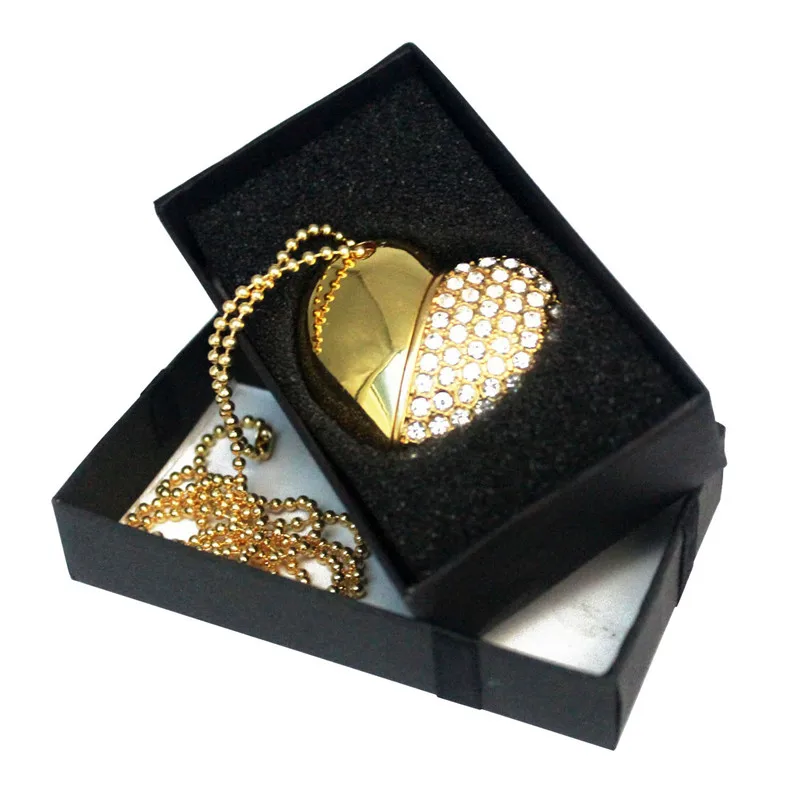 POWERONE Metal diamond crystal heart with gift box USB flash drive pendrive 8GB 16gb 32GB 64GB Memory stick thumb drive Gifts - Color: Gold