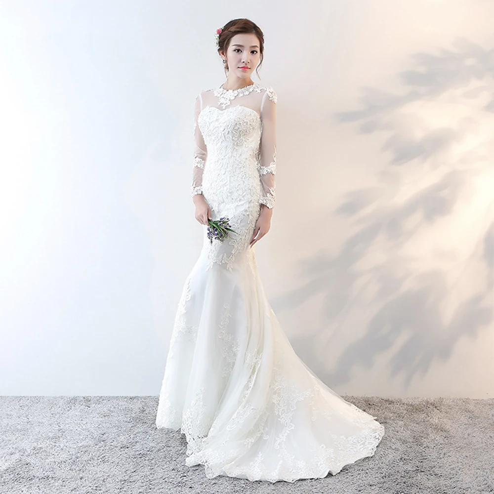Fansmile новинка Vestido De Noiva белое кружевное с открытой спиной фасона "Русалка" свадебное платье длинный рукав свадебное платье невесты платье FSM-602M