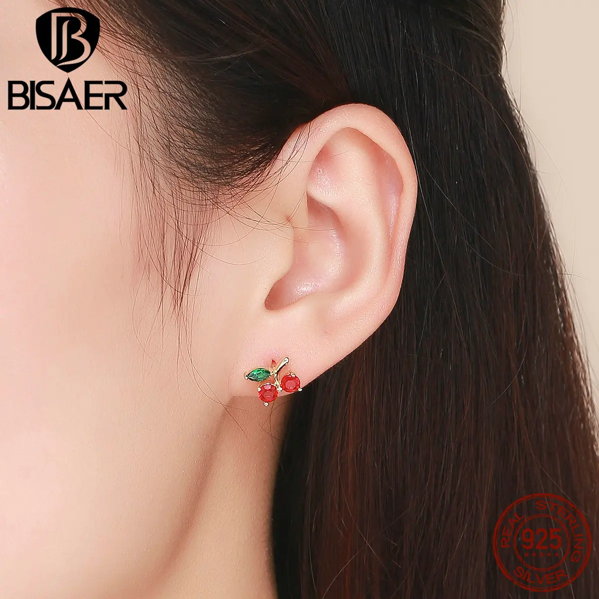 BISAER, 925 пробы, серебро, вишня, фрукты, маленькие серьги-гвоздики для женщин, красная вишня, модные серьги, ювелирное изделие, ECE543