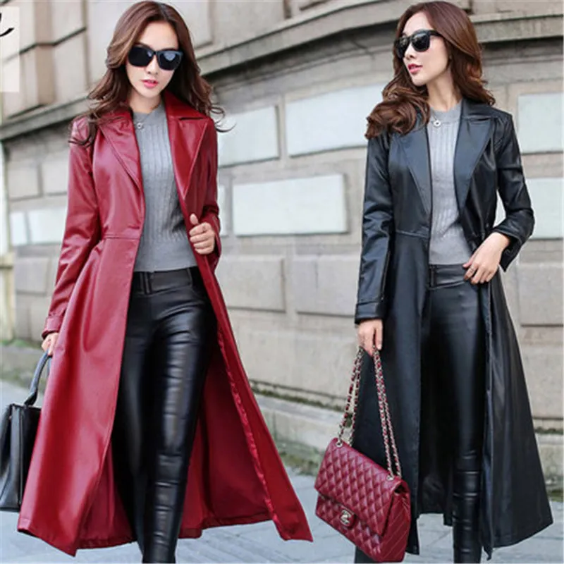 

2019 spring new leather long section over the knee Big size long sleeve female leather jacket black women's leather windbreaker