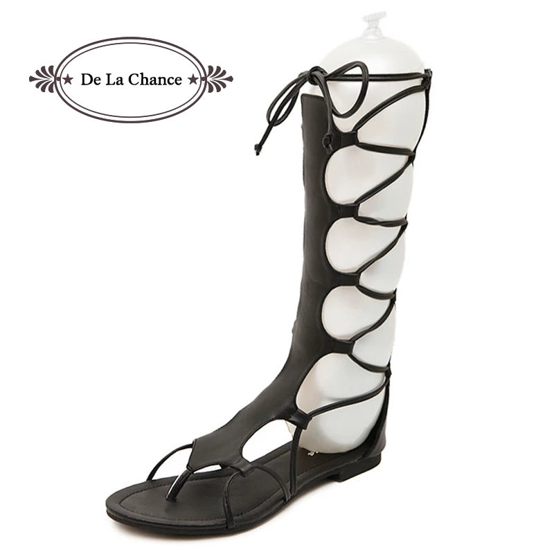 

Сандалии-гладиаторы женские до колена, кожаные босоножки с вырезами, на шнуровке, плоская подошва, брендовые дизайнерские босоножки, цвет ч...