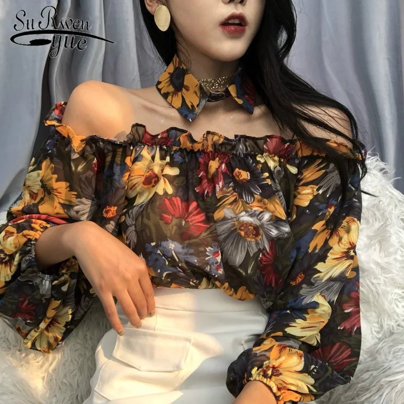 

New Sexy Slash Neck Off Shoulder Blusas Women 2019 Spring Summer Flower Shirts Long Sleeve Blouse Vintage Lady Tops 4304 50