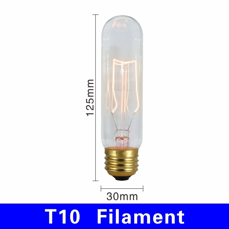 T10 filament Электрическая лампочка эдисона светильник лампочка E27 220V 40W подвесной светильник в стиле ретро A19 A60 ST64 T10 T45 T185 G80 G95 нити Винтаж ампулы лампа накаливания со стеклянным колпаком - Цвет: T10 filament