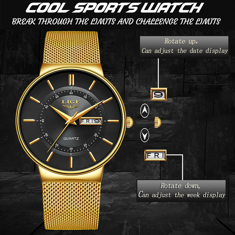 Relogio Masculino LIGE New Mens Watches Top Brand Luxury Ultra Thin Quartz Watch Men Steel Mesh Strap Waterproof Gold Watch