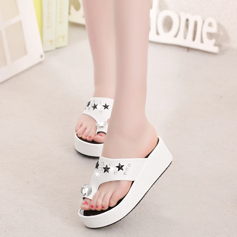 Brand women's sandals wedge with rhinestone slippers thick platform muffin summer beach shoes woman C0200 | Обувь