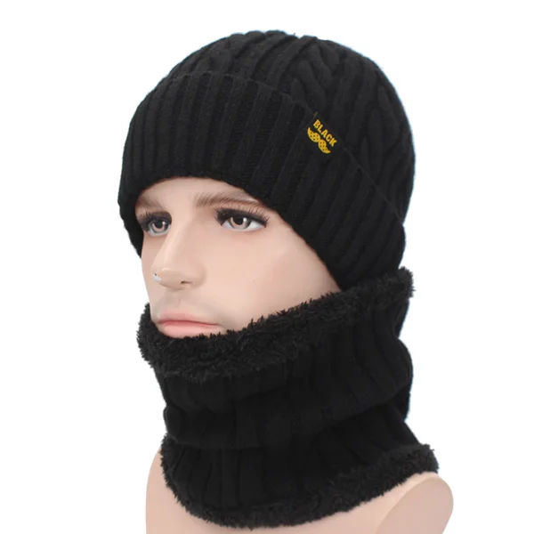black set AETRUE зимняя шапка, шарф зимняя шапочки Мужская шапка бини для мужчин и женщин бренд Gorras теплые шапки шерсть Мужская черная трикотажная шапка - Цвет: black set